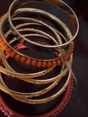 Stacked Orange Beaded & Metal Bangle Set - Women Jewelry
